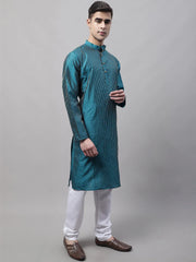 Men Peacock Blue Embroidered Design Kurta with Pyjamas