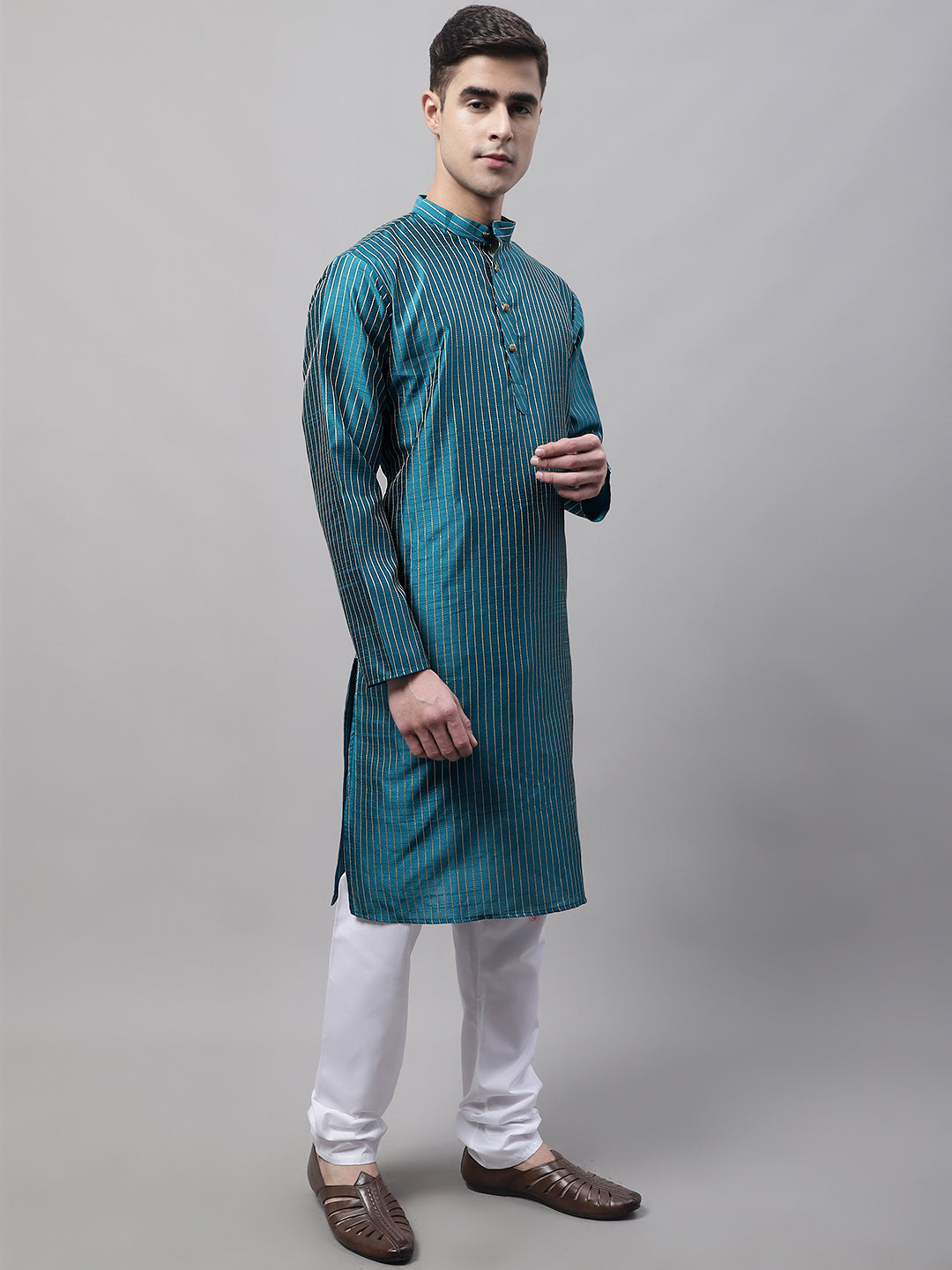 Peacock Blue Embroidered Kurta Pajama | Mens Kurta Pajama Online