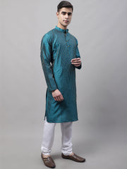 Men Peacock Blue Embroidered Design Kurta with Pyjamas