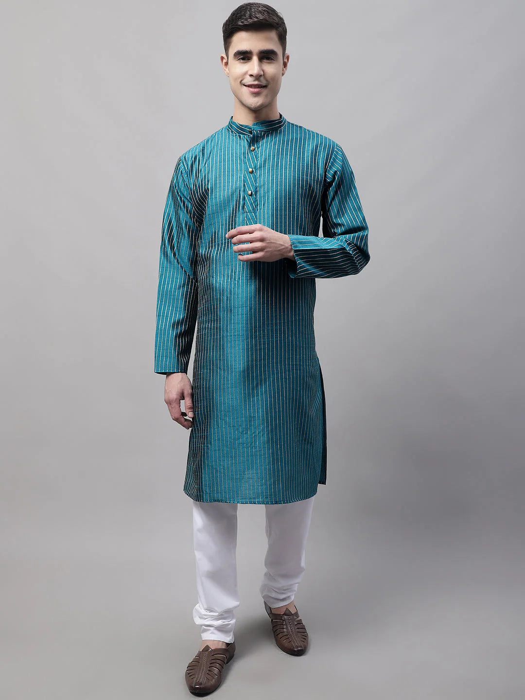 Peacock Blue Embroidered Kurta Pajama | Mens Kurta Pajama Online