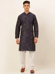 Men Navy Blue Paisley Printed Kurta with Pyjama ( JOKP 667 Navy )