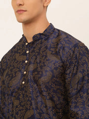 Men Navy Blue Paisley Printed Kurta with Pyjama ( JOKP 667 Navy )