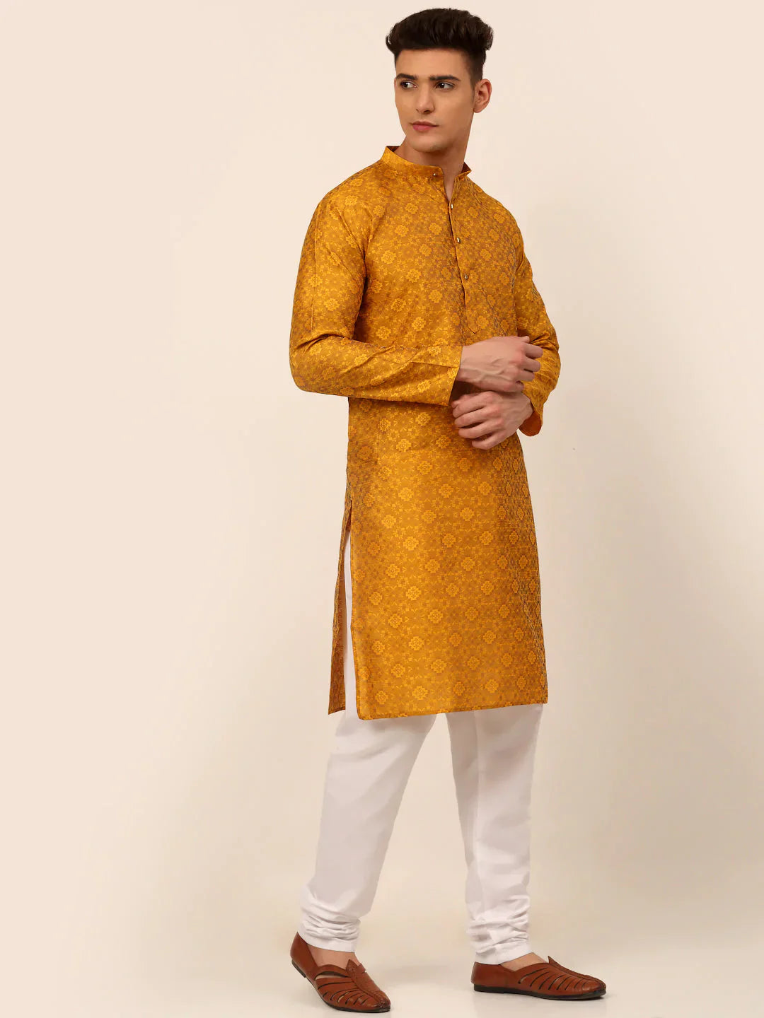 Mustard Floral Mens Kurta Pajama Set | Stylish Menswear
