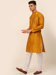 Men Mustard Yellow Floral Printed Kurta with Pyjamas-JOKP-669Mustard