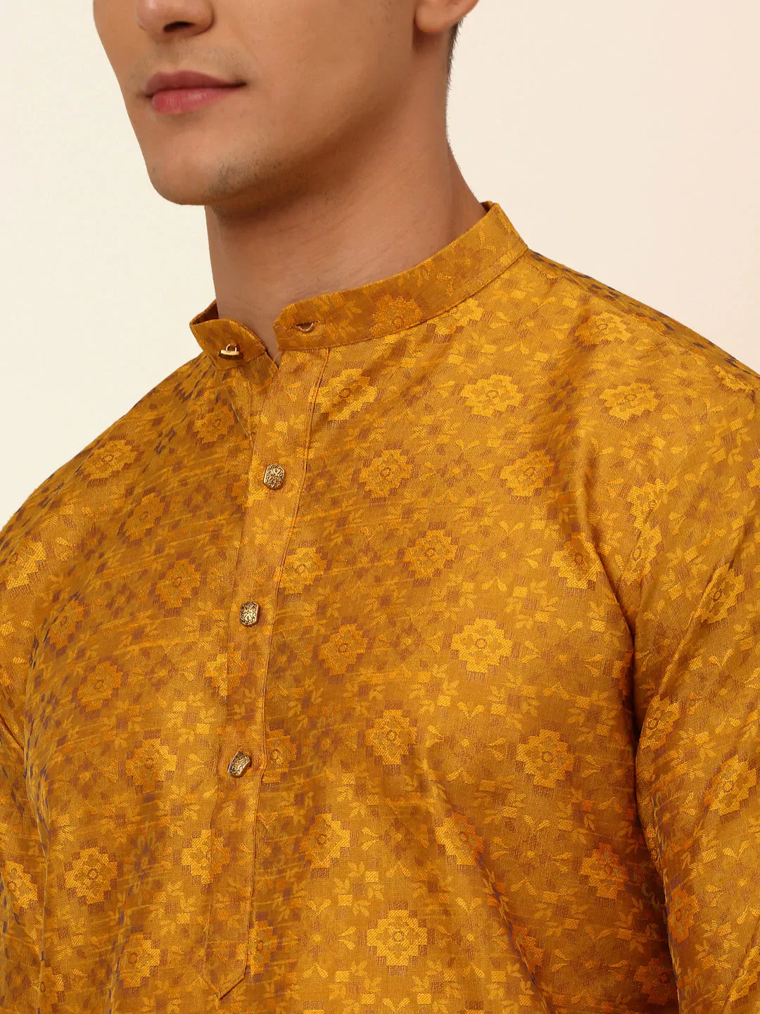 Mustard Floral Mens Kurta Pajama Set | Stylish Menswear