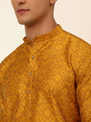 Men Mustard Yellow Floral Printed Kurta with Pyjamas-JOKP-669Mustard