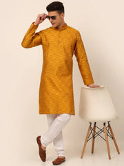 Men Mustard Yellow Floral Printed Kurta with Pyjamas-JOKP-669Mustard