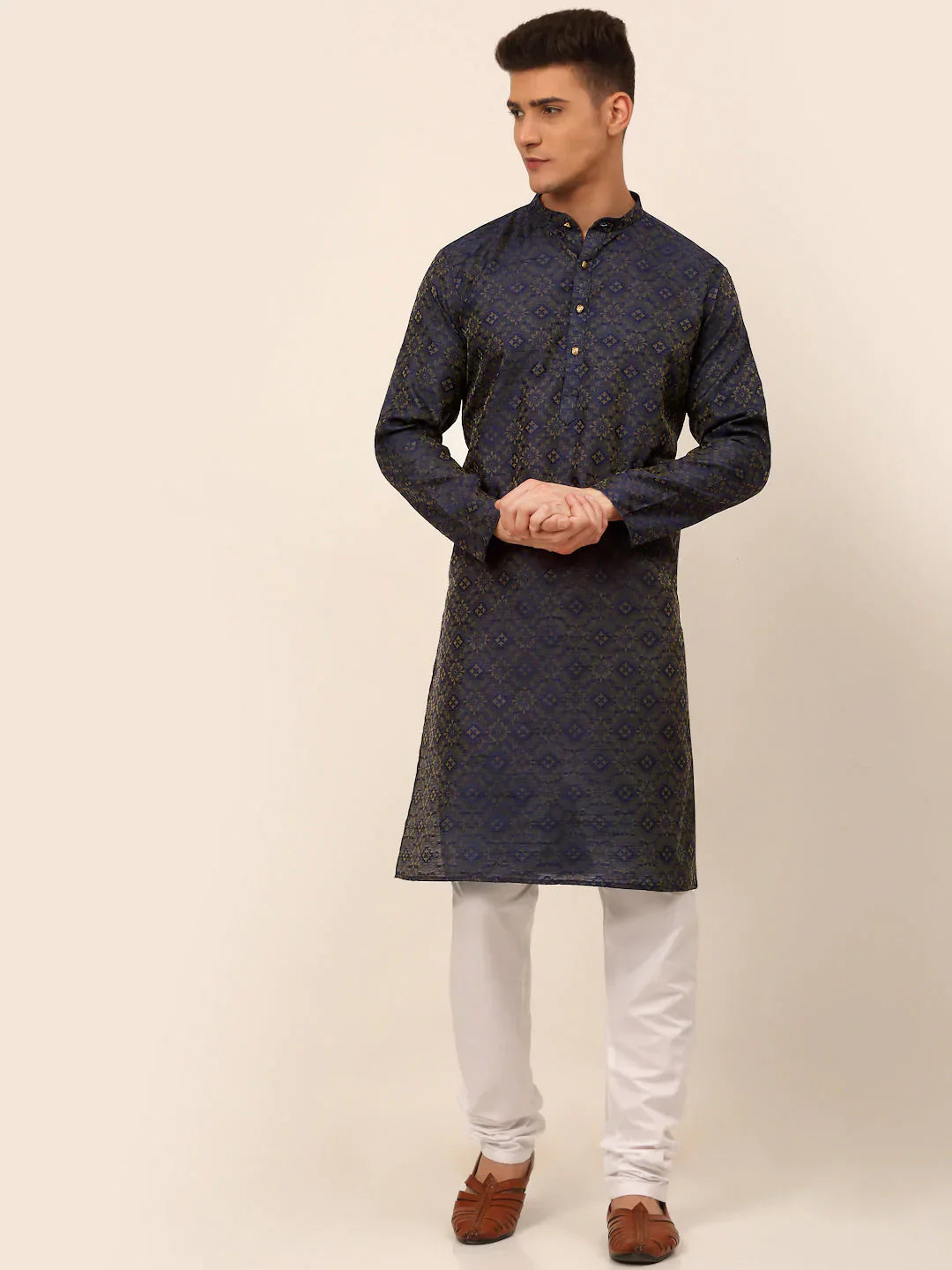 Navy Floral Mens Kurta Pajama Set | Ethnic Fashion