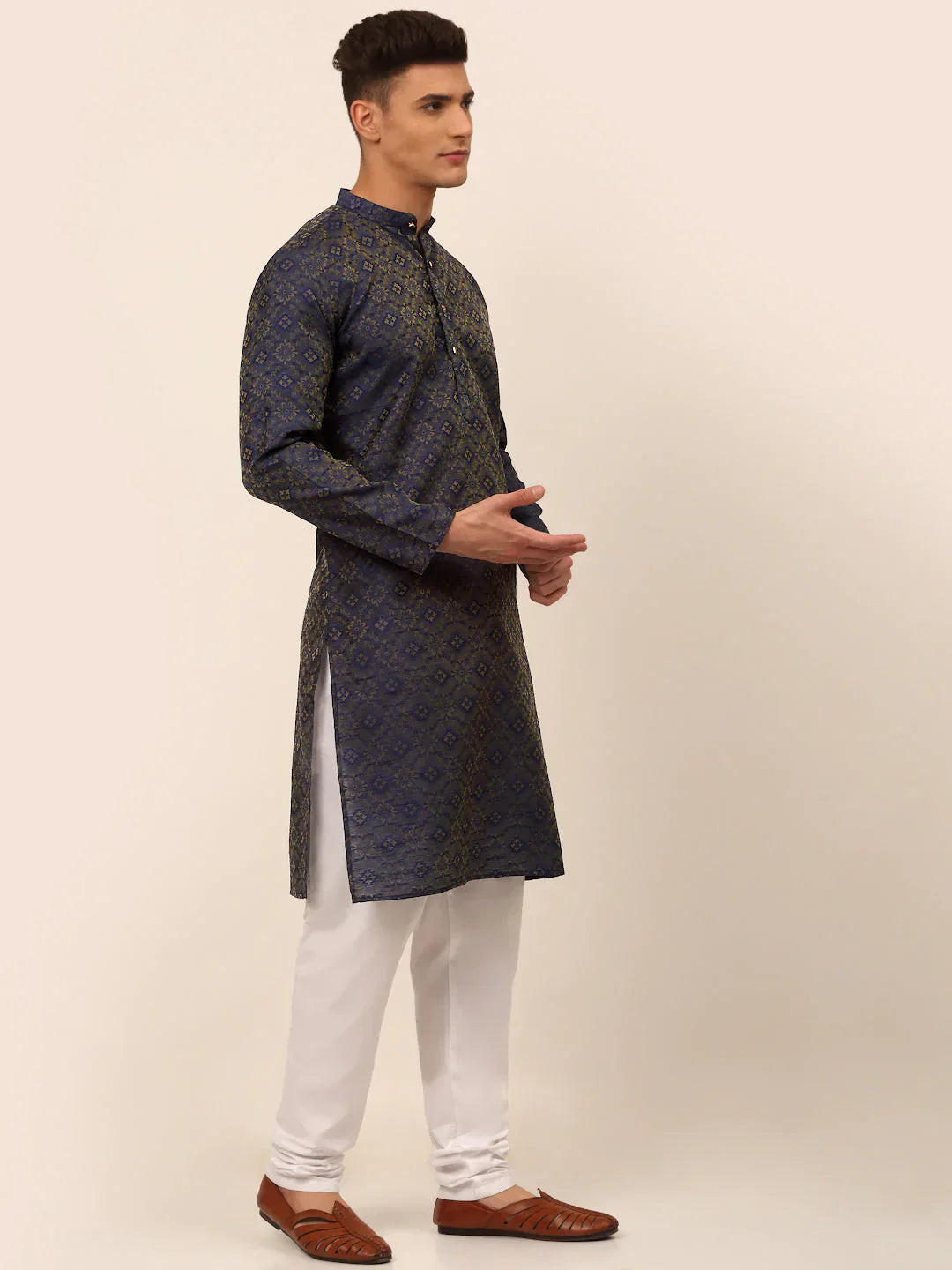 Navy Floral Mens Kurta Pajama Set | Ethnic Fashion