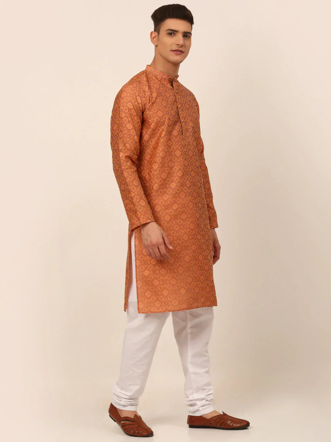 Peach Floral Mens Kurta Pajama Set | Festive Menswear