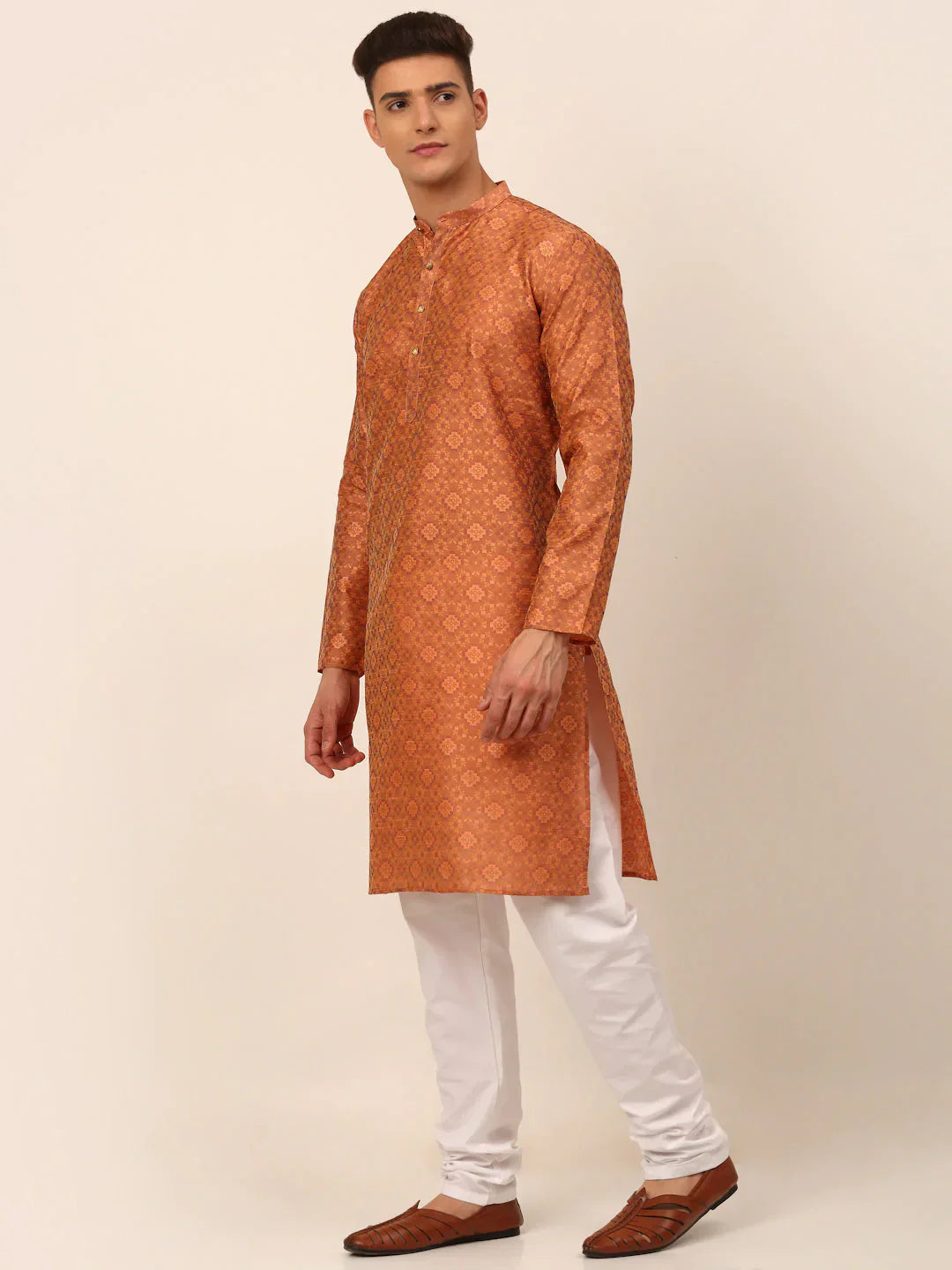 Peach Floral Mens Kurta Pajama Set | Festive Menswear