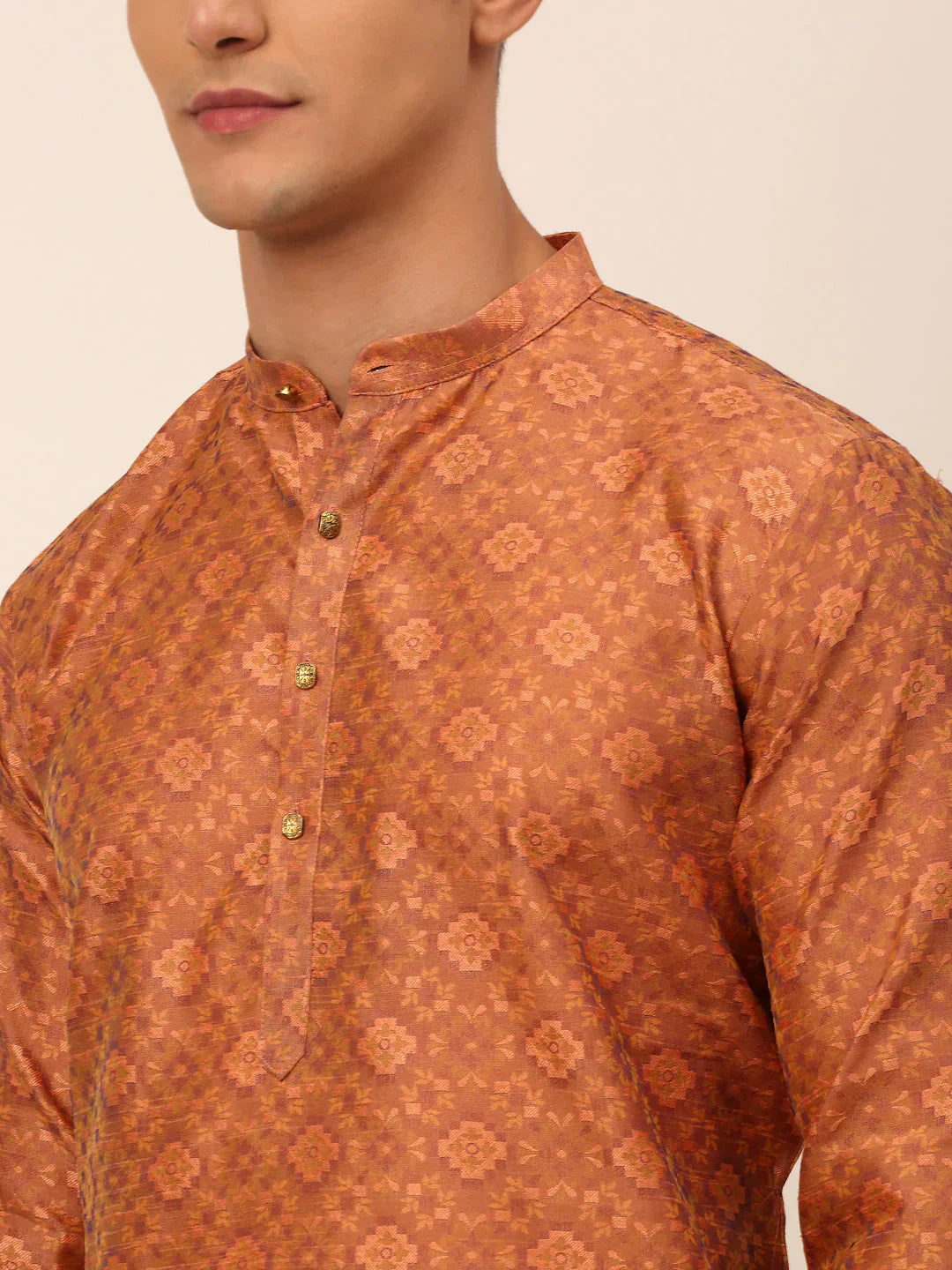 Peach Floral Mens Kurta Pajama Set | Festive Menswear