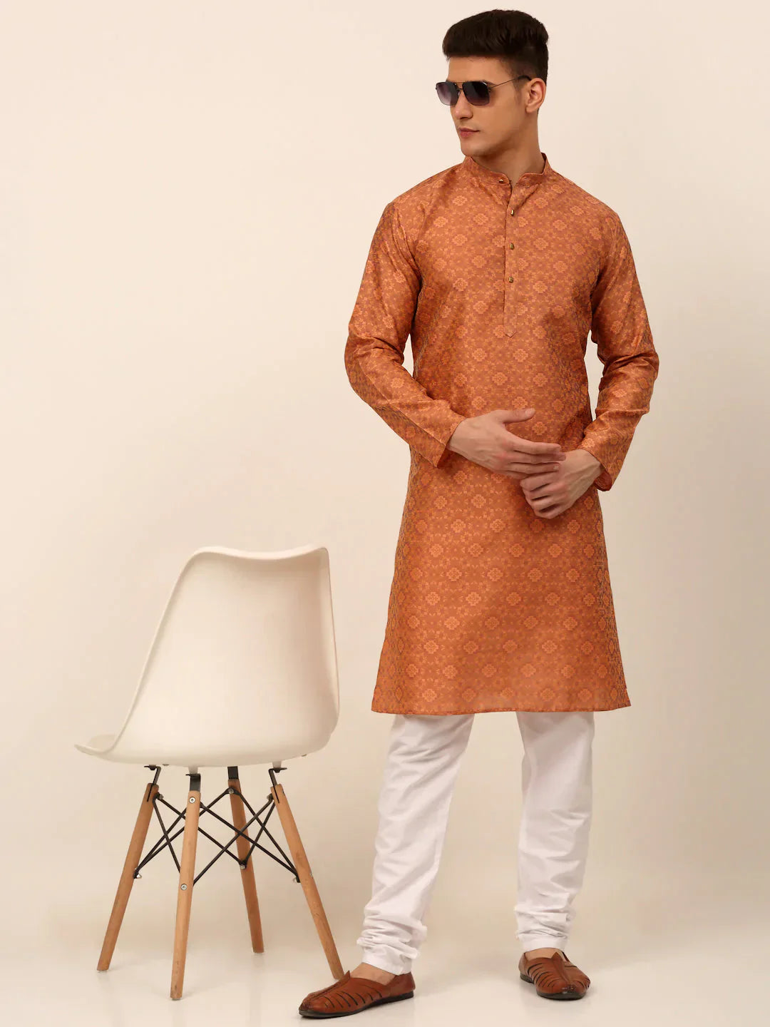 Peach Floral Mens Kurta Pajama Set | Festive Menswear