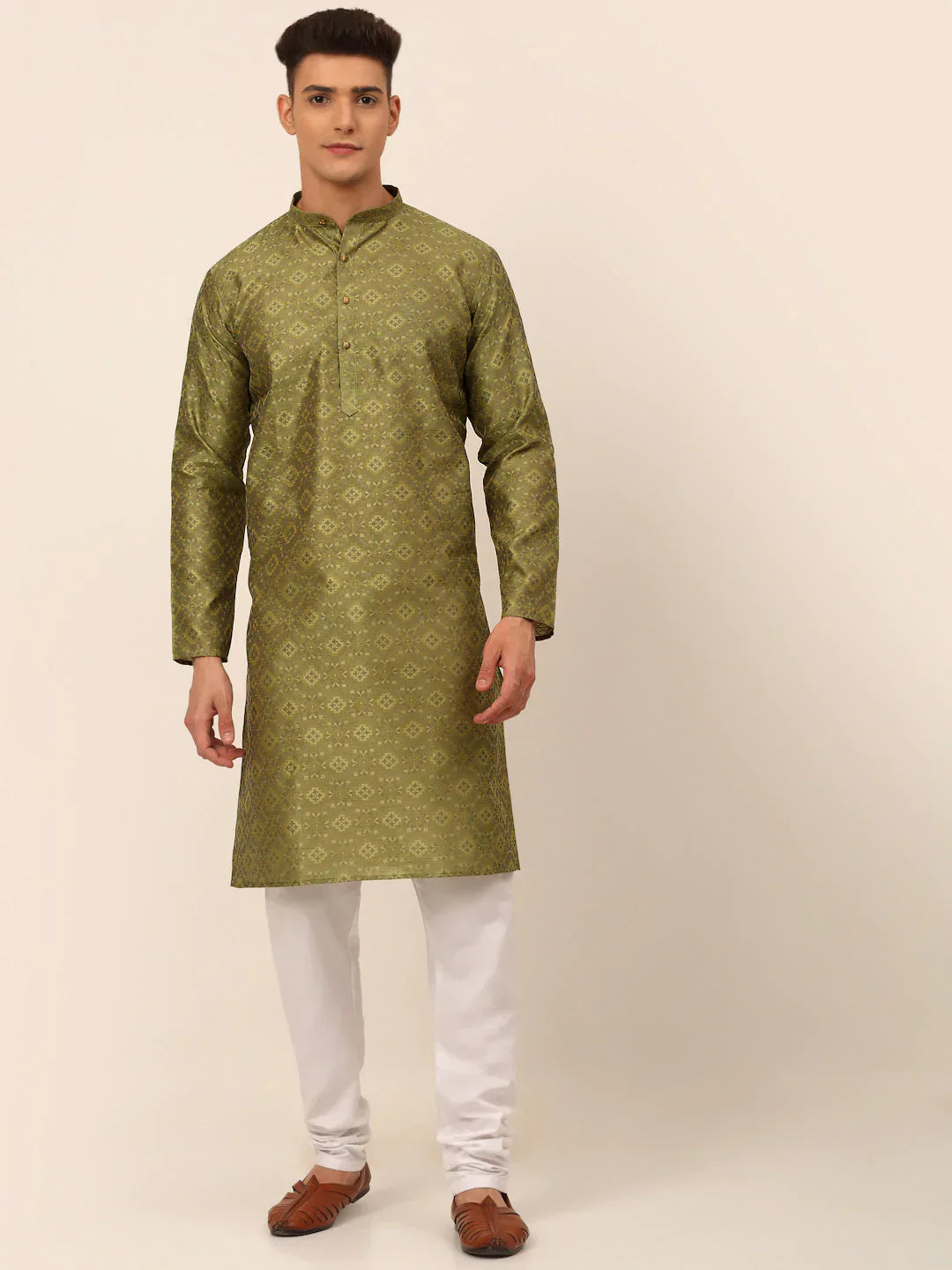 Pista Green Floral Mens Kurta Pajama Set | Indian Clothing