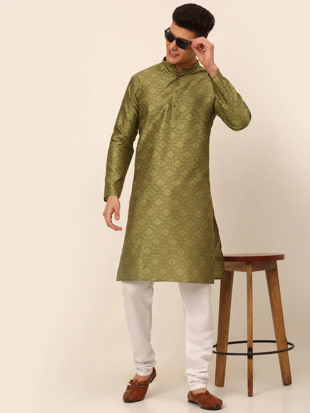 Pista Green Floral Mens Kurta Pajama Set | Indian Clothing