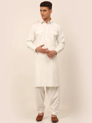 Men White Cotton Solid Pathani Kurta with Salwar ( JOKP 670 White )