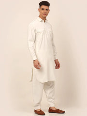Men White Cotton Solid Pathani Kurta with Salwar ( JOKP 670 White )