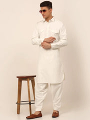 Men White Cotton Solid Pathani Kurta with Salwar ( JOKP 670 White )