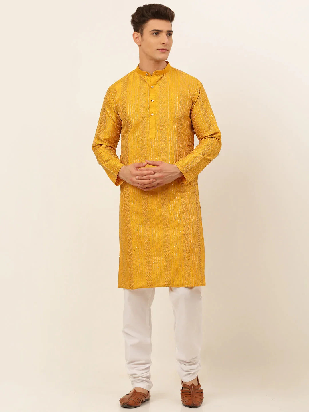 DesiQlo Men's Mustard Embroiderd Kurta Pajama ( JOKP 671 Mustard )