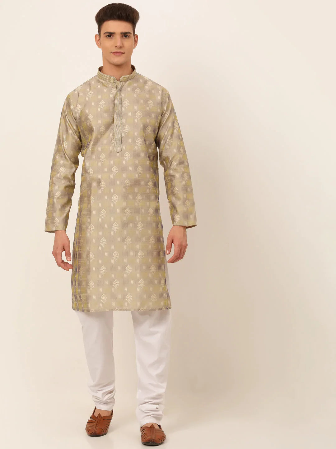 DesiQlo Men's Beige Collar Embroidered Woven Design Kurta Pajama ( JOKP 672 Beige )
