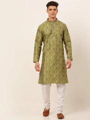 DesiQlo Men's Green Collar Embroidered Woven Design Kurta Pajama ( JOKP 672 Green )