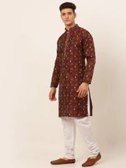 DesiQlo Men's Maroon Collar Embroidered Woven Design Kurta Pajama ( JOKP 672 Maroon )