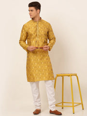 DesiQlo Men's Mustard Collar Embroidered Woven Design Kurta Pajama ( JOKP 672 Mustard )