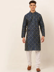 DesiQlo Men's Navy Blue Collar Embroidered Woven Design Kurta Pajama ( JOKP 672 Navy )