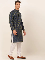 DesiQlo Men's Navy Blue Collar Embroidered Woven Design Kurta Pajama ( JOKP 672 Navy )
