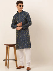 DesiQlo Men's Navy Blue Collar Embroidered Woven Design Kurta Pajama ( JOKP 672 Navy )