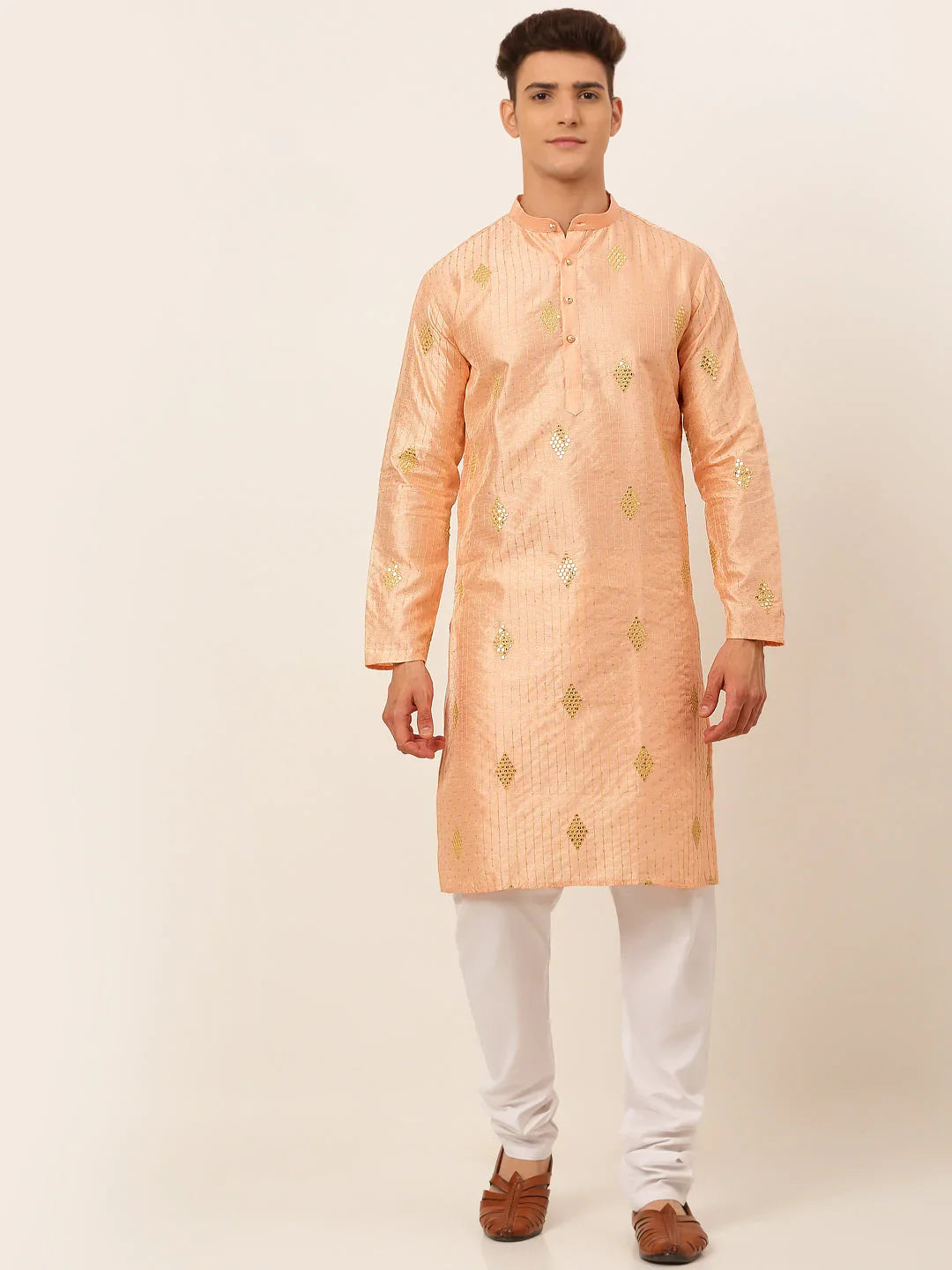 DesiQlo Men Peach Embroidered Sequinned Kurta with Churidar ( JOKP 673 Peach )