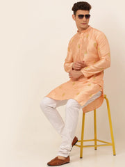 DesiQlo Men Peach Embroidered Sequinned Kurta with Churidar ( JOKP 673 Peach )