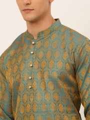 DesiQlo Men's Blue and Golden Woven Design Kurta Pajama ( JOKP 674 Blue )