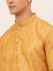 DesiQlo Men's Silver and Golden Woven Design Kurta Pajama ( JOKP 674 Golden )