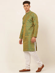 DesiQlo Men's Green and Golden Woven Design Kurta Pajama ( JOKP 674 Green )