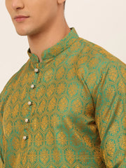 DesiQlo Men's Green and Golden Woven Design Kurta Pajama ( JOKP 674 Green )
