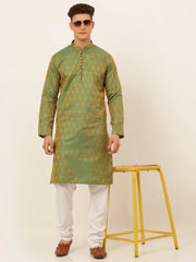 DesiQlo Men's Green and Golden Woven Design Kurta Pajama ( JOKP 674 Green )
