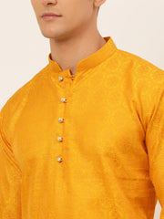 DesiQlo Men's Mustard and Golden Woven Design Kurta Pajama ( JOKP 674 Mustard )