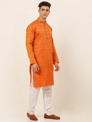 DesiQlo Men's Orange and Golden Woven Design Kurta Pajama ( JOKP 674 Orange )