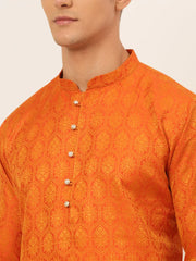 DesiQlo Men's Orange and Golden Woven Design Kurta Pajama ( JOKP 674 Orange )