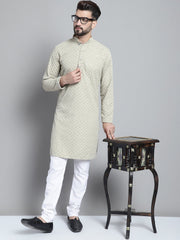 Men Beige Chikankari Embroidered and Sequence Kurta with Churidar [FF] [L-1-4]