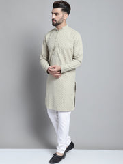 Men Beige Chikankari Embroidered and Sequence Kurta with Churidar [FF] [L-1-4]