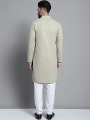 Men Beige Chikankari Embroidered and Sequence Kurta with Churidar [FF] [L-1-4]