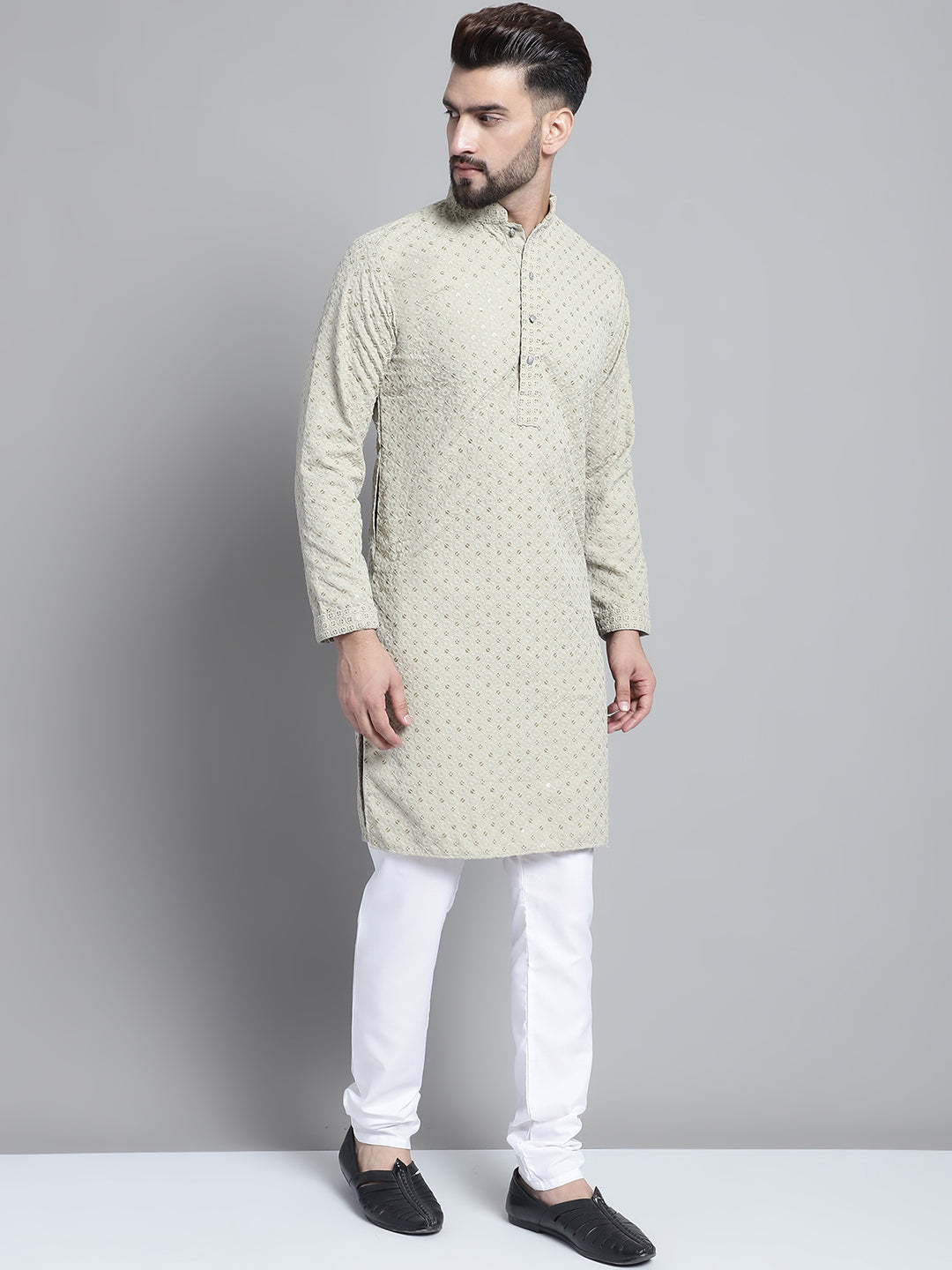 DesiQlo Men Embroidered Kurta Pyjama Set - Beige - JOKP_678Beige_S