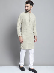 Men Beige Chikankari Embroidered and Sequence Kurta with Churidar [FF] [L-1-4]