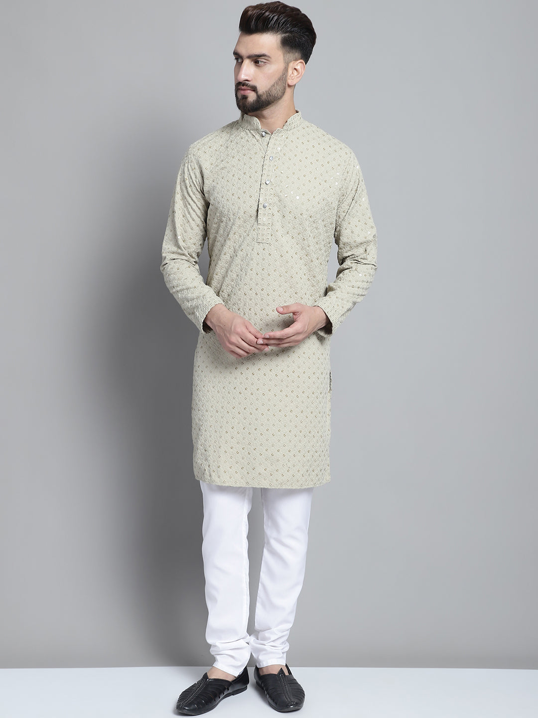DesiQlo Men Embroidered Kurta Pyjama Set - Beige - JOKP_678Beige_S