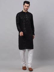 Men Black Chikankari Embroidered and Sequence Kurta with Churidar ( JOKP 678 Black ) [FF] [L-1-4]