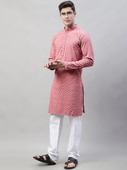 Men Coral Red Chikankari Embroidered and Sequence Kurta with Churidar-JOKP-678
