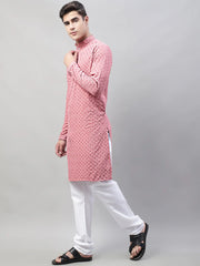 Men Coral Red Chikankari Embroidered and Sequence Kurta with Churidar-JOKP-678