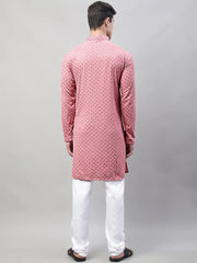 Men Coral Red Chikankari Embroidered and Sequence Kurta with Churidar-JOKP-678